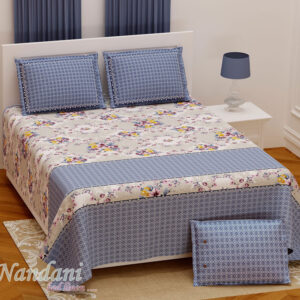 Bloomy Motif King-Size Bedsheet Sky Blue Beige